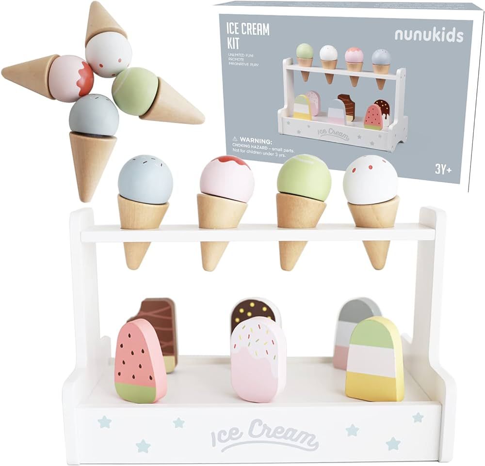 nunukids Wooden Ice Cream Set Wood Ice Cream Toy for Kids 10pc Ice Cream Toys for Toddlers | Amazon (US)