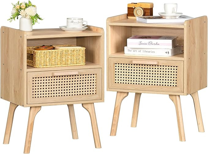 Lerliuo Rattan Nightstands Set of 2, Boho Side Table with Drawer Open Shelf, Cane Accent Bedside ... | Amazon (US)