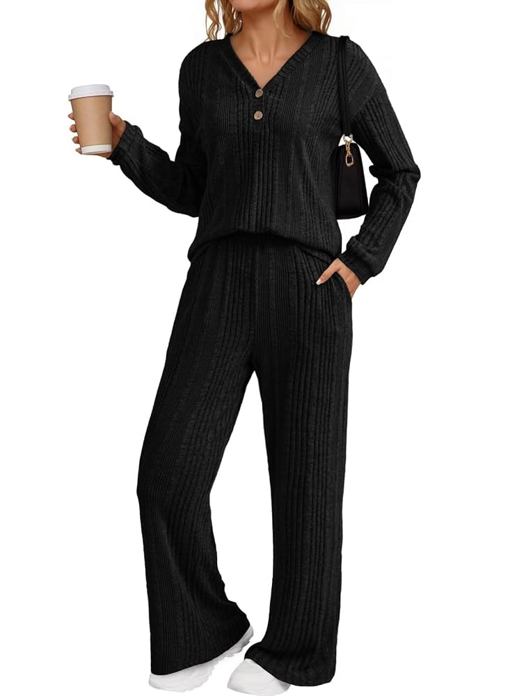 Dokotoo 2 Piece Lounge Sets for Women Ribbed Knit Button V Neck Long Sleeve Tops Matching Pants P... | Amazon (US)
