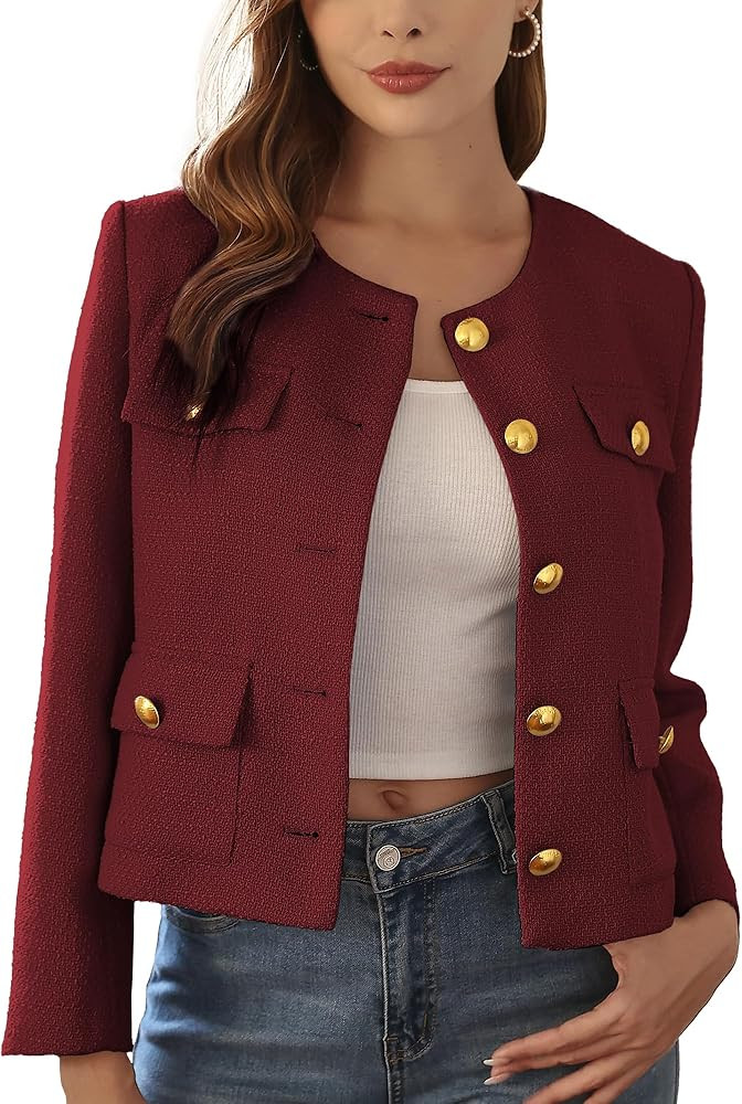 M.Infisavo 2026 Women Tweed Jacket Cropped Blazers Spring Elegant Round Neck Pockets Business Cas... | Amazon (US)