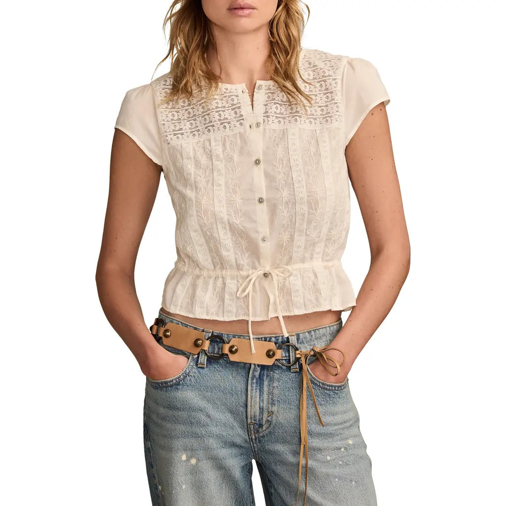 Lucky Brand Lace Tie Waist Top in Whisper White at Nordstrom, Size Xx-Large | Nordstrom