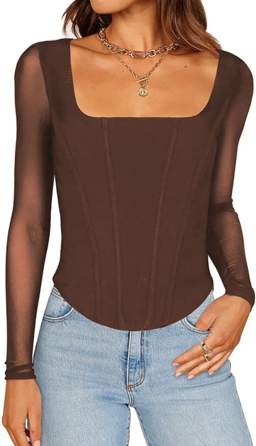 Womens Square Neck Mesh Long Sleeve Tops Bustier Corset Dressy Casual Basic Shirts Crop Tops | Amazon (US)