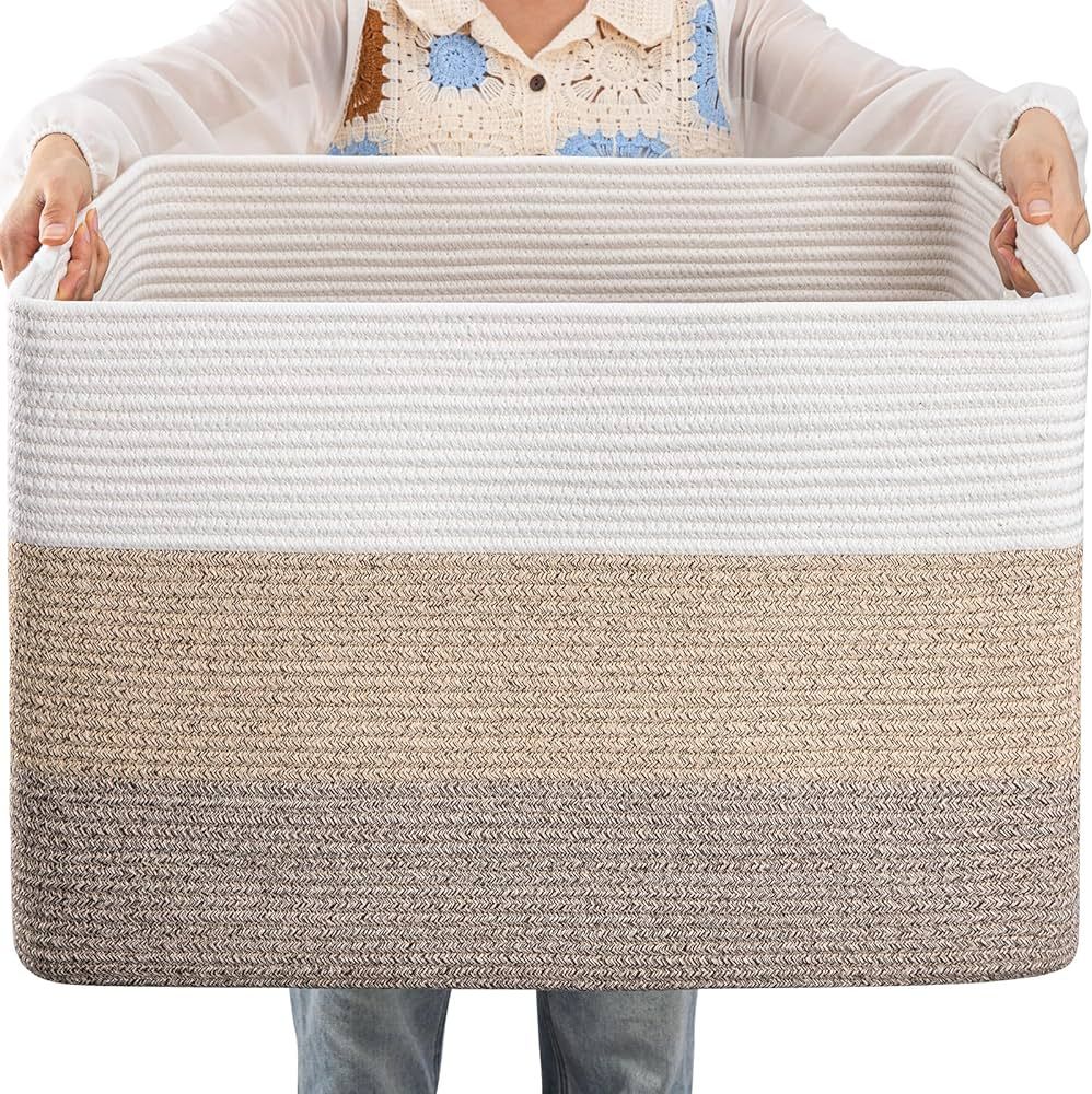 OIAHOMY Large Cotton Rope Basket, Rectangle Woven Baskets for Storage, Nursery Blanket Basket Liv... | Amazon (US)