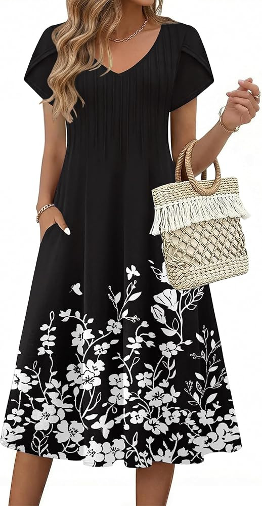 Zeagoo Womens Casual Summer Dress 2026 Short Sleeve Dresses Pleats Midi A Line Flowy Dress Boho B... | Amazon (US)