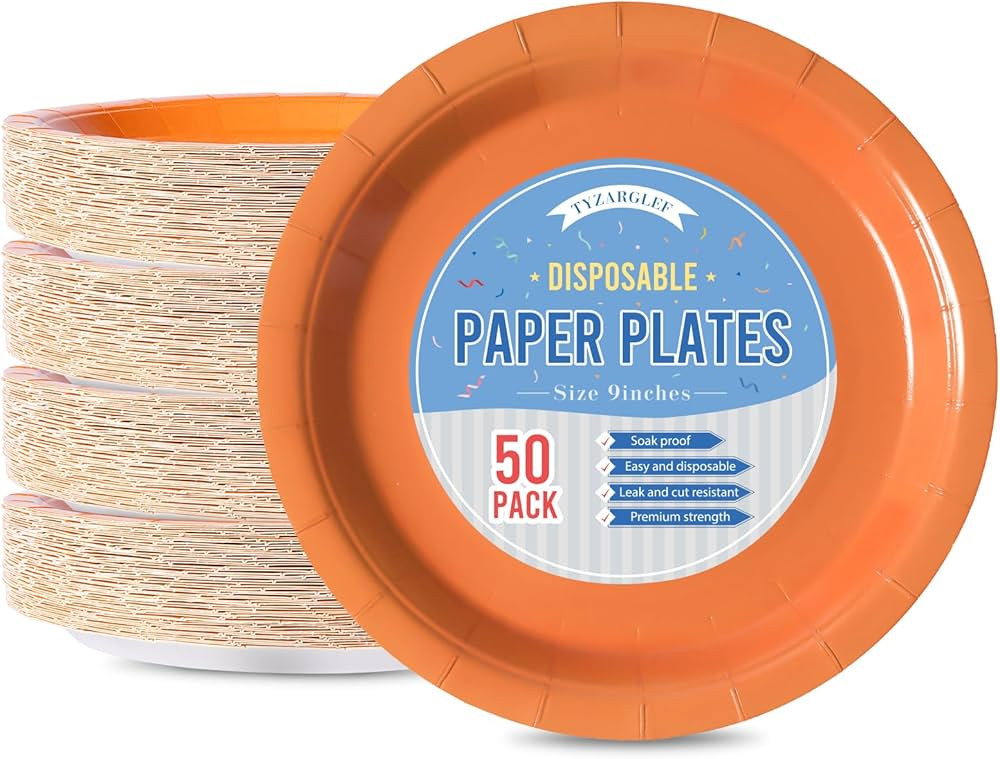 Disposable Paper Plates Orange, 50 Count 9” Dinner Plates Bulk for Party Supplies, Colored and ... | Amazon (US)