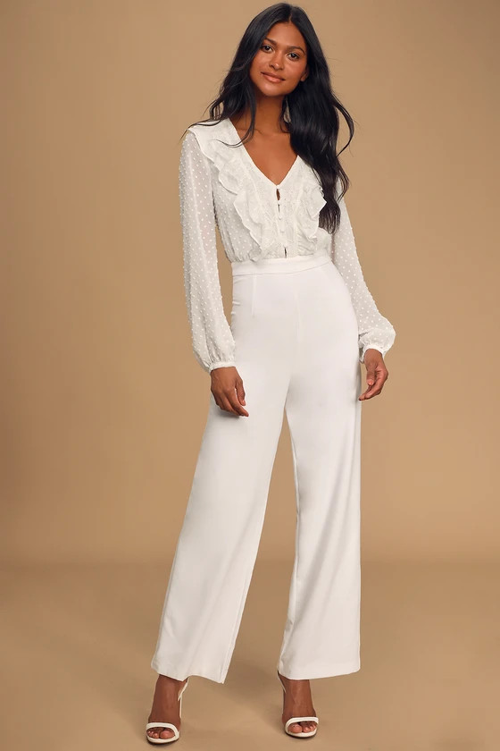 Clareese White Swiss Dot Ruffled Long Sleeve Jumpsuit | Lulus (US)