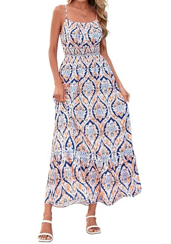 BTFBM Summer Dresses for Women 2026 Sleeveless Spaghetti Strap High Waist Boho Beach Vacation Clothes Spring Maxi Dress(Blue Geometry, Medium) | Amazon (US)