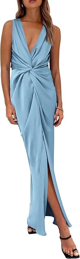 PRETTYGARDEN Womens 2024 Twist Front V Neck Sleeveless Split Maxi Dress | Amazon (US)