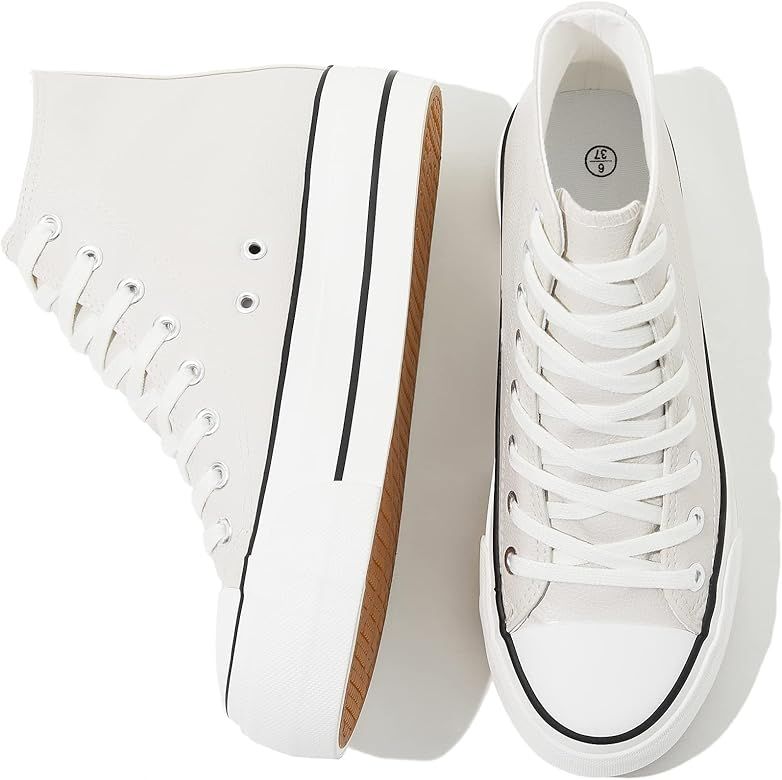 SERNIAL Women's High Top Platform Sneakers PU Leather Platform Shoe White Tennis Shoes for Women | Amazon (US)