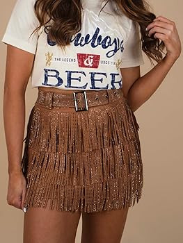 Womens Sparkle Rhinestone Fringe Skirt Elastic Waistband Short Mini Dress with Adjustable and Rem... | Amazon (US)
