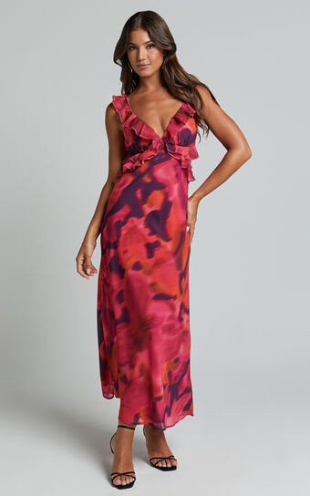 Alessa Midi Dress - V Neck Frill Detail Empire Waist Back Cut Out Dress in Adeana Print | Showpo (US, UK & Europe)