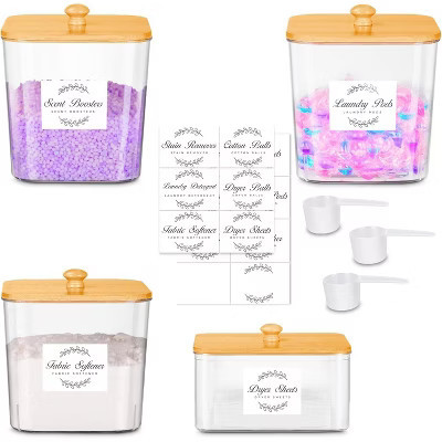 3-Pack Clear Laundry Pods Container & Dryer Sheet Holder Set with Bamboo Lids and Labels for Scent Booster, Powder, Pod Organization 3+1 pack one size | Target