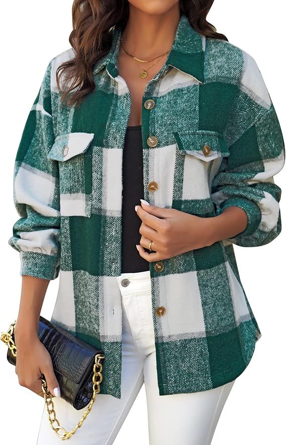 GRAPENT Womens Shacket Jacket Oversized Plaid Flannel Button Down Shirt Jackets Long Sleeve Coats | Amazon (US)