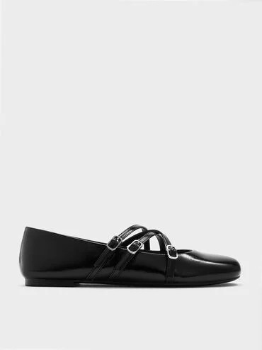 Patent Triple-Strap Crossover Mary Jane Flats
    
         - Black Patent | Charles & Keith UK