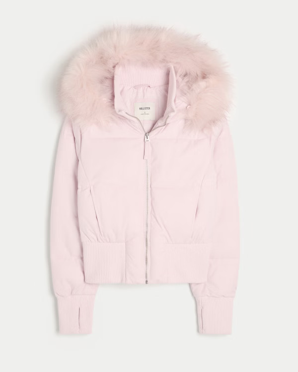 Women's Faux Fur Trim Puffer Bomber Jacket | Women's Jackets & Coats | HollisterCo.com | Hollister (UK)