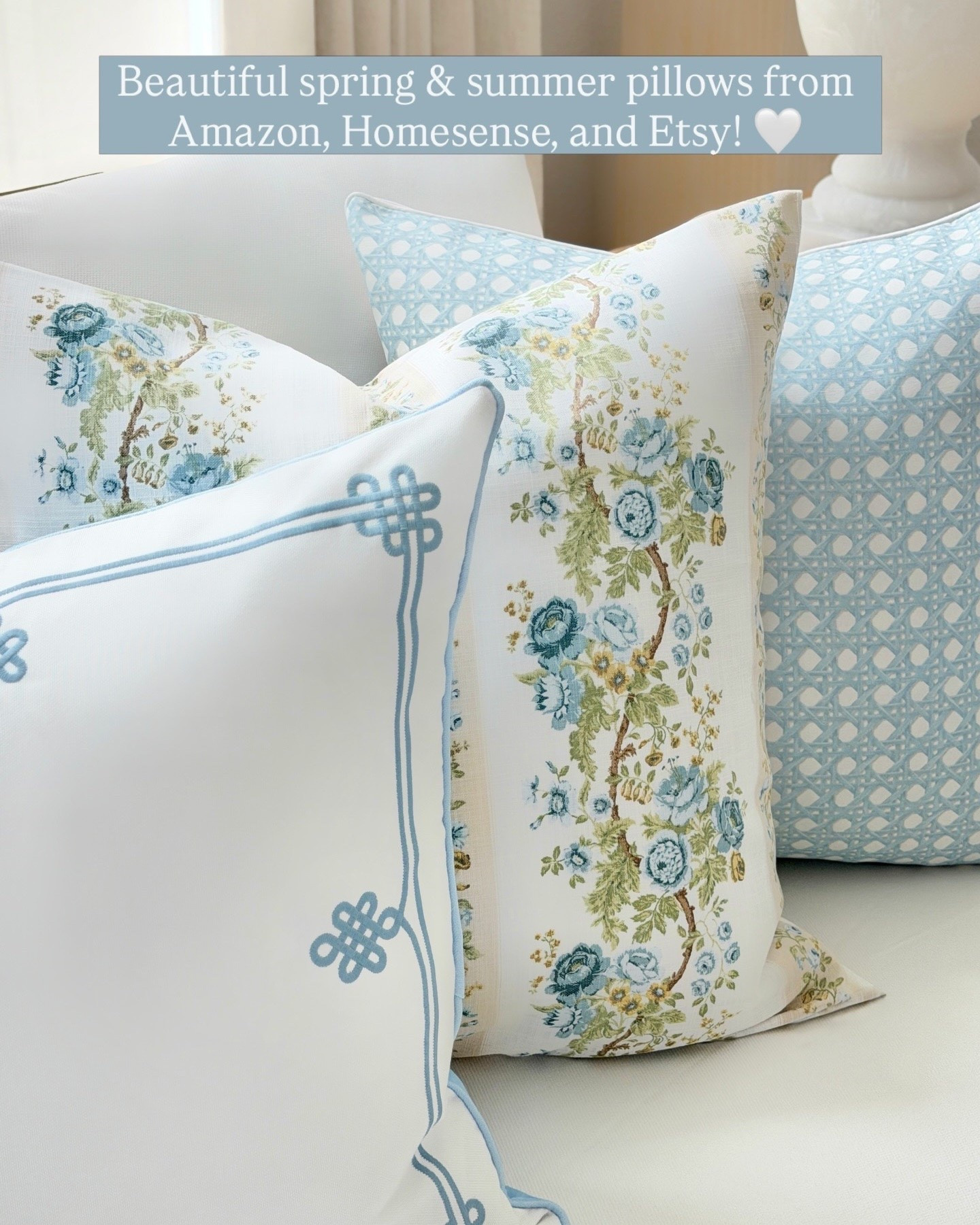 Spring and summer pillows, Amazon Etsy floral pillow blue cane print fretwork
