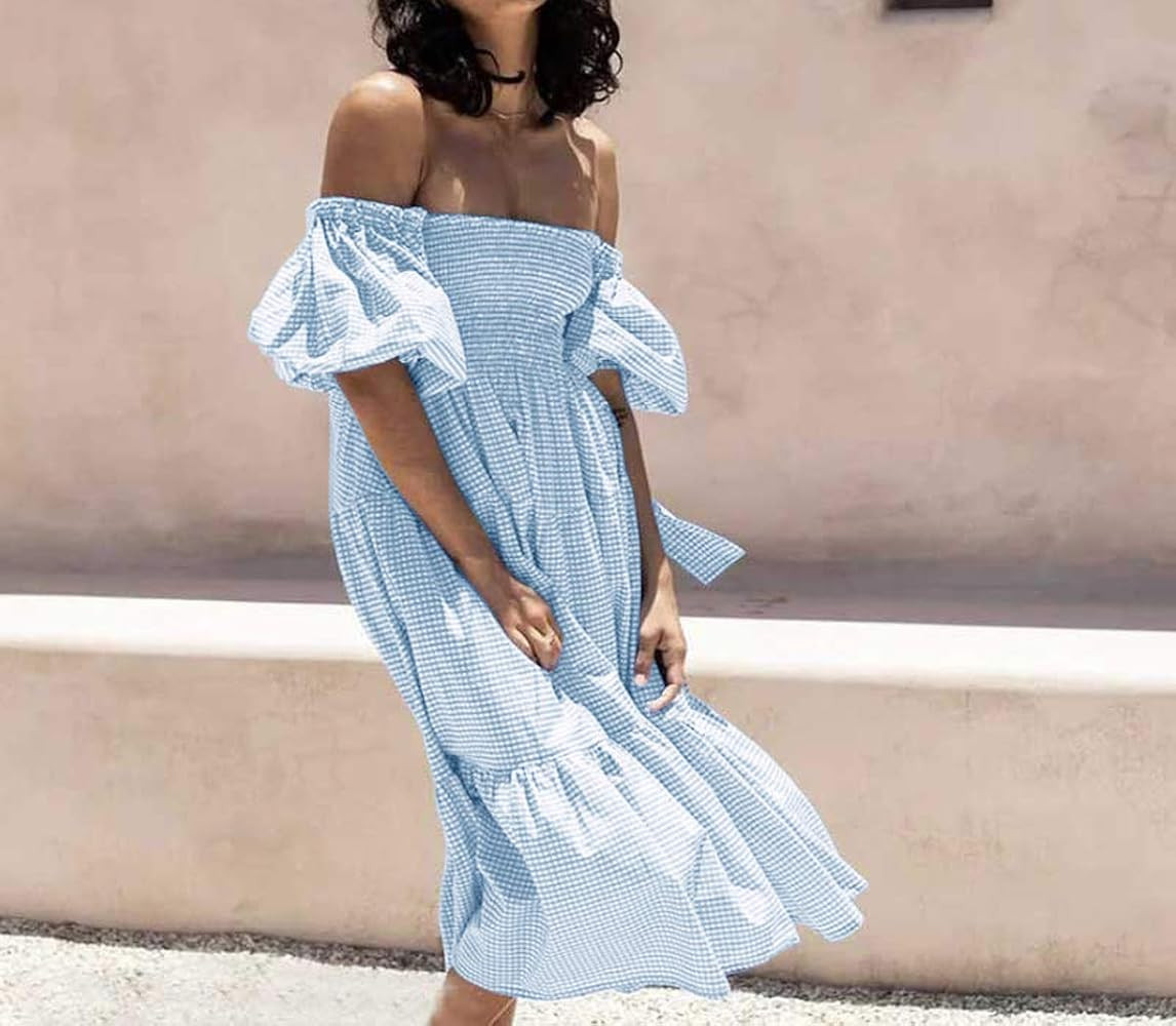 R.Vivimos Women's Summer Cotton Plaid Puff Sleeves Bow Casual Off-Shoulder Boho Midi Dress | Amazon (US)