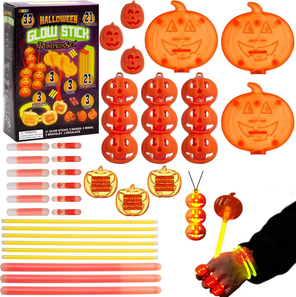 JOYIN 33 PCS Halloween Light Stick Set, Glow In The Dark Pumpkin Toys for Kids Gift, Halloween De... | Amazon (US)