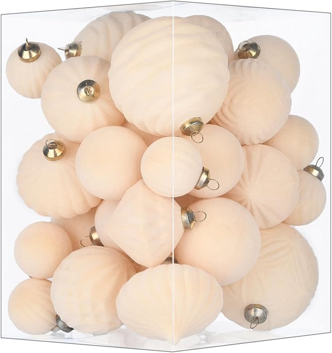 Flocked Ornaments for Christmas Tree Decorations - 35pcs Cream Velvet Ball Ornament for Winter Ho... | Amazon (US)