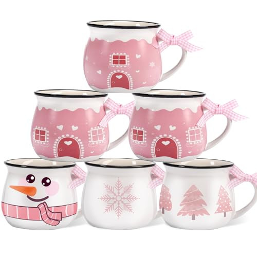 Jinei Set of 6 Christmas Coffee Mugs Gift, 12 oz Hot Cocoa Ceramic Cup for Holiday Milk Tea Mugs Coffee Bar Decoration Christmas Gift for Mom Woman Family Friend(Pink,Snow House) | Amazon (US)