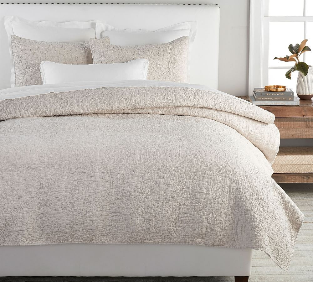 Flax Belgian Flax Linen Floral Stitch Quilt, King/Cal. King | Pottery Barn (US)