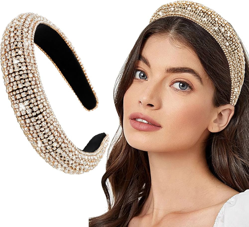 Wecoe 1pc Rhinestone Headband Women Girls Thick Padded Headband Bling Glitter Sparkly Gold Diamon... | Amazon (US)
