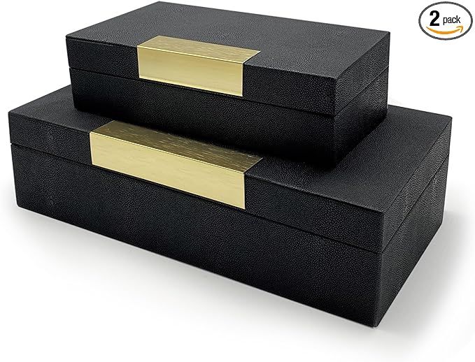 BRANDLOUIE Decorative Boxes Black 2 Pc. Set, Shagreen Faux Leather Shagreen with Gold for Jewelry... | Amazon (US)