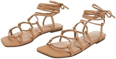 PiePieBuy Womens Lace up Strappy Sandals Criss-Cross Flat Gladiator Sandals Ankle Strap Square To... | Amazon (US)