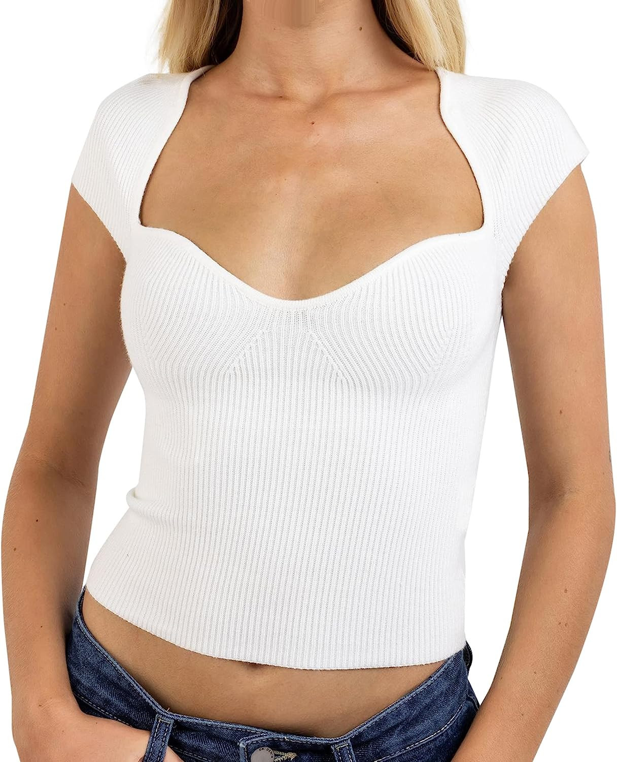 MISSACTIVER Women's Sweetheart Neck Cap Sleeve Crop Top Solid Slim Fit Short Sleeve Knitted Cropp... | Amazon (US)