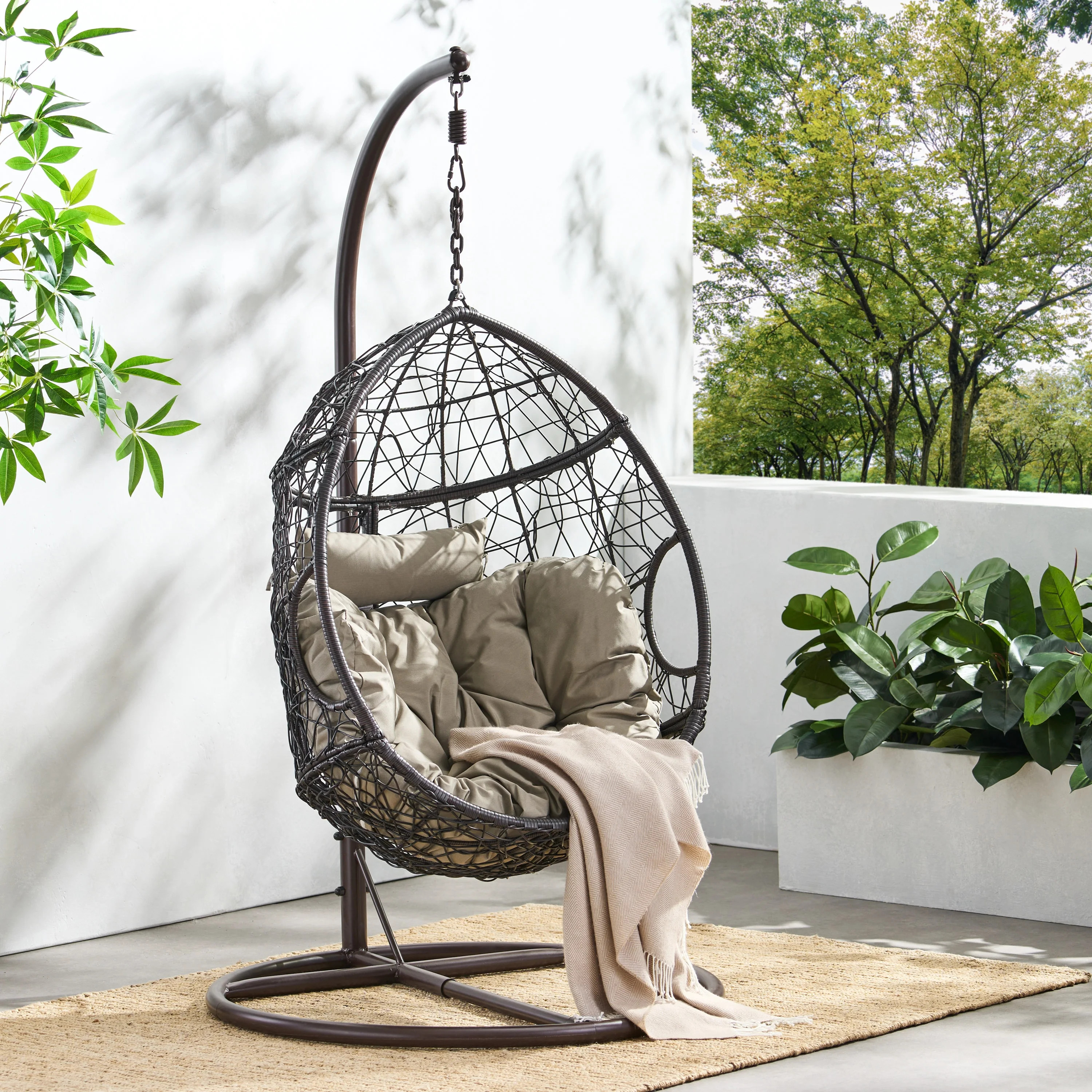 Kyle Outdoor Wicker Hanging Basket Chair with Weather Resistant Cushions and Iron Base, Multibrow... | Walmart (US)