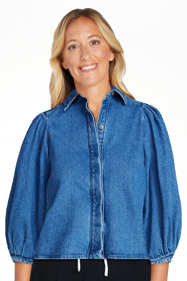 Scoop Women’s Denim Shirt with 3/4 Length Puff Sleeves, Sizes XS-XXL | Walmart (US)