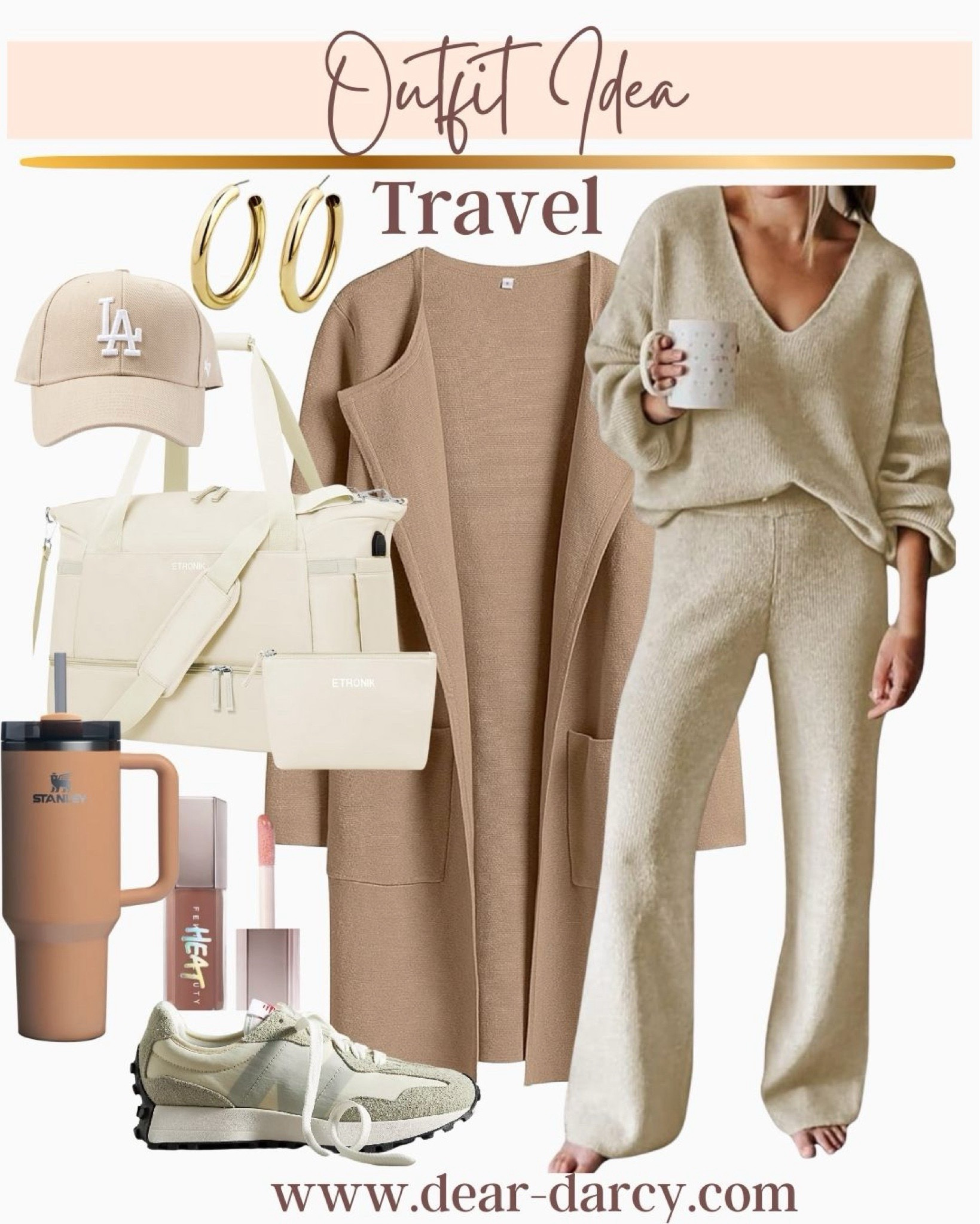 Travel outfit inspiration 
With Amazon finds!!

Two piece set under $55
TTS and comes in several colors

Best selling sweater/coat under $50

Best seller Travel bag $25 

New balance 327  best sellers and instock

Starting tumbler 40oz

Hold hoops under $13
La hat 
Fenty beauty heat lip plumper

#LTKSaleAlert #LTKTravel #LTKStyleTip