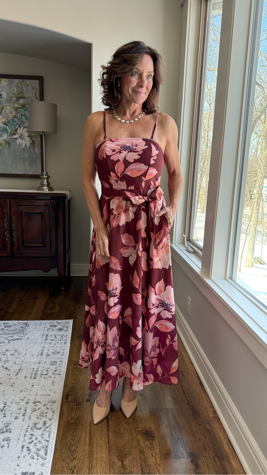 Such a beautiful option for a wedding guest or mother of the bride. The fabric drapes really nicely, the fit is flattering, and it feels elegant without trying too hard. One of those dresses that lets you focus on the moment, not the outfit.

#MotherOfTheBrideDress #WineDress #FloralDress #MaxiDress #ChiffonDress #ChurchDress ￼