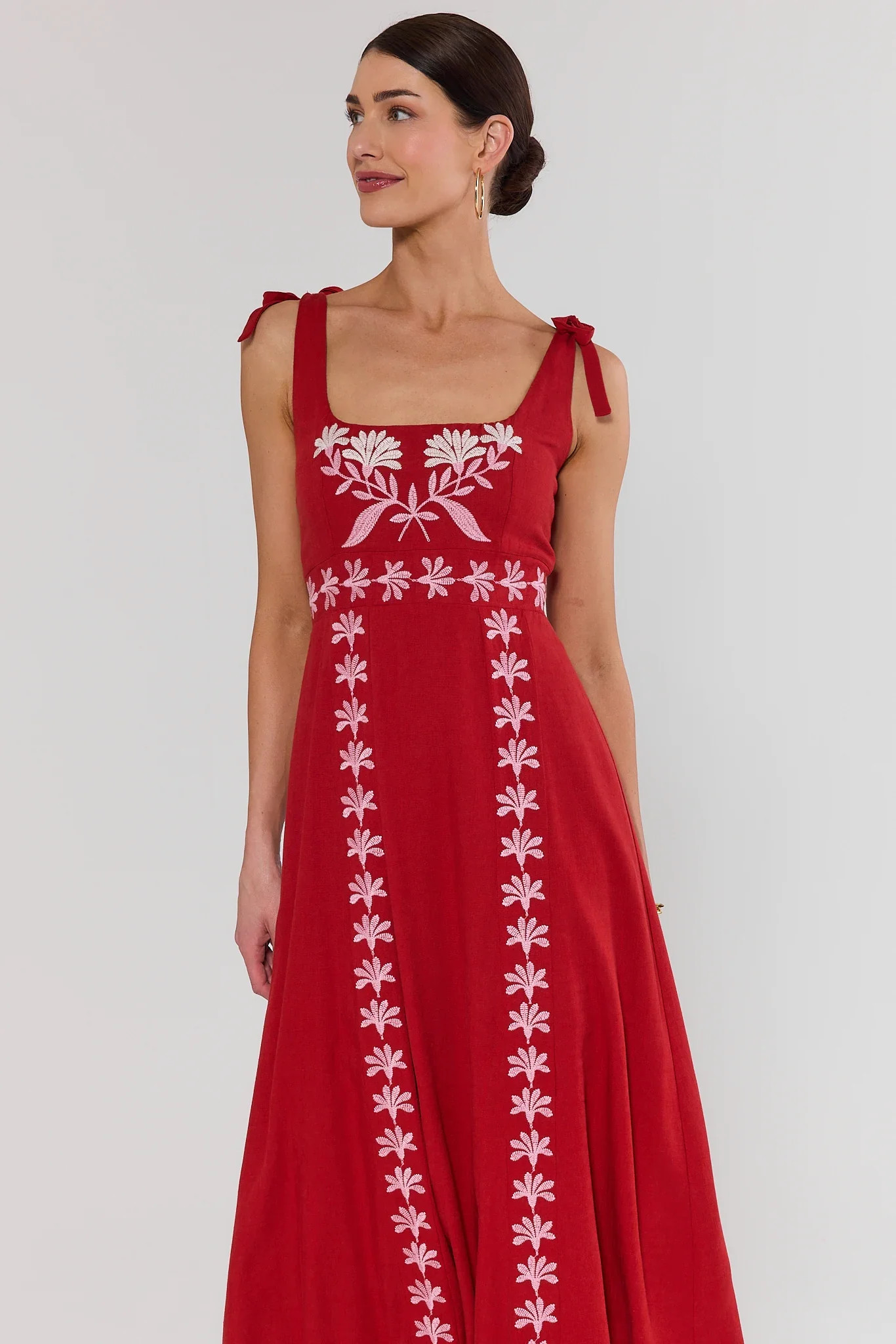 Nancy Red Embroidered Midi Dress | Avara