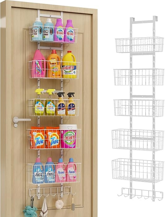 Adjustable Over The Door Organizer, Metal Hanging Door Organizer with 5 Wire Basket 7 Hooks, Wall... | Amazon (US)