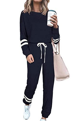 PRETTYGARDEN Women's Two Piece Loungewear Fall Casual Long Sleeve Tops Jogger Pants Pajama Sets Matching Outfits Clothing (Striped Navy,X-Large) | Amazon (US)