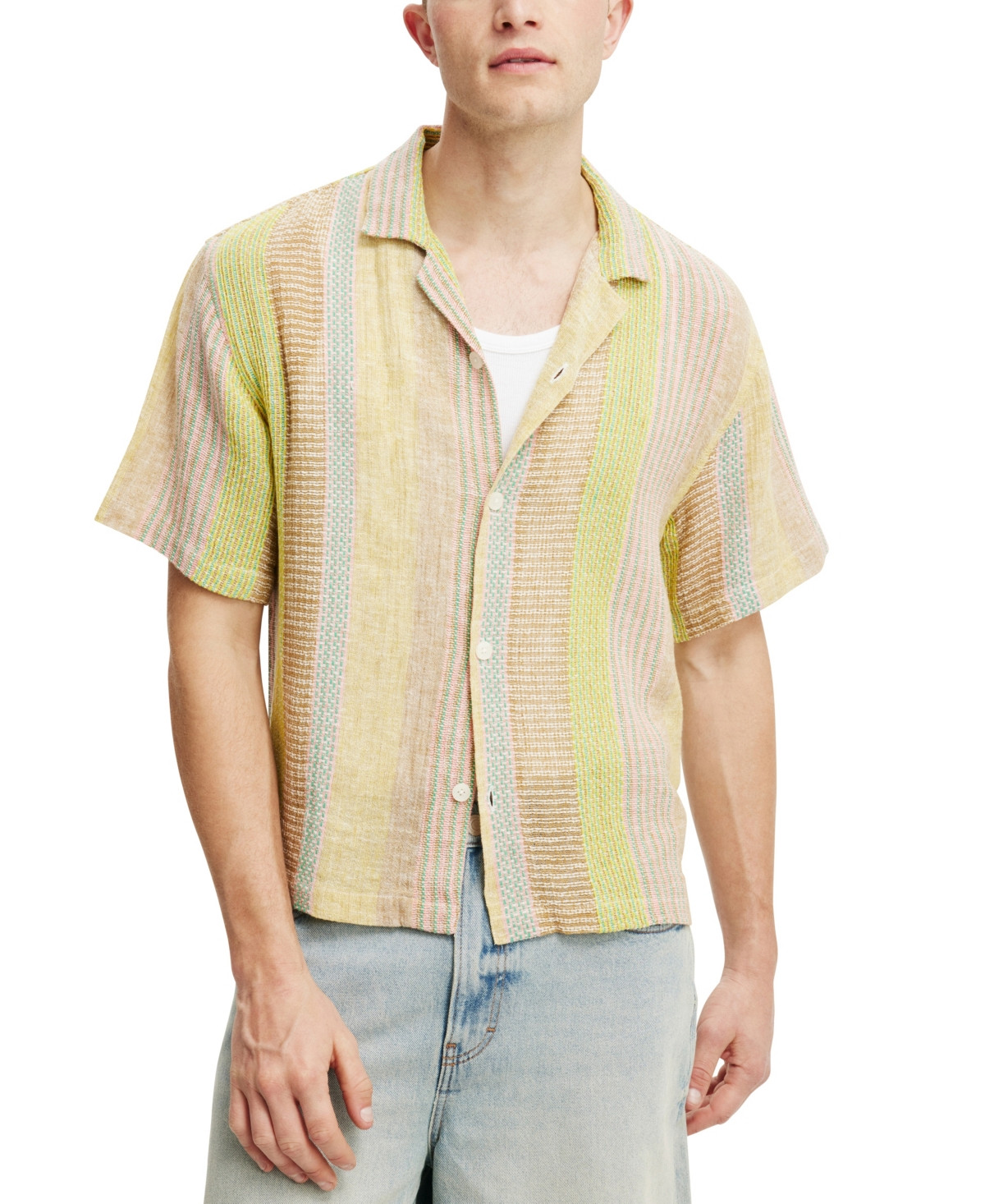 Cotton On Men's Box Fit Short Sleeve Shirt - Yellow multi stripe | Macy's
