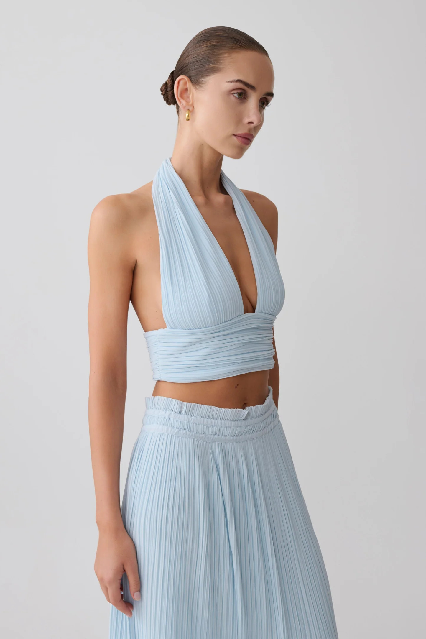Amaris Sleeveless Plisse Halter Top - Pale Blue | Meshki UK