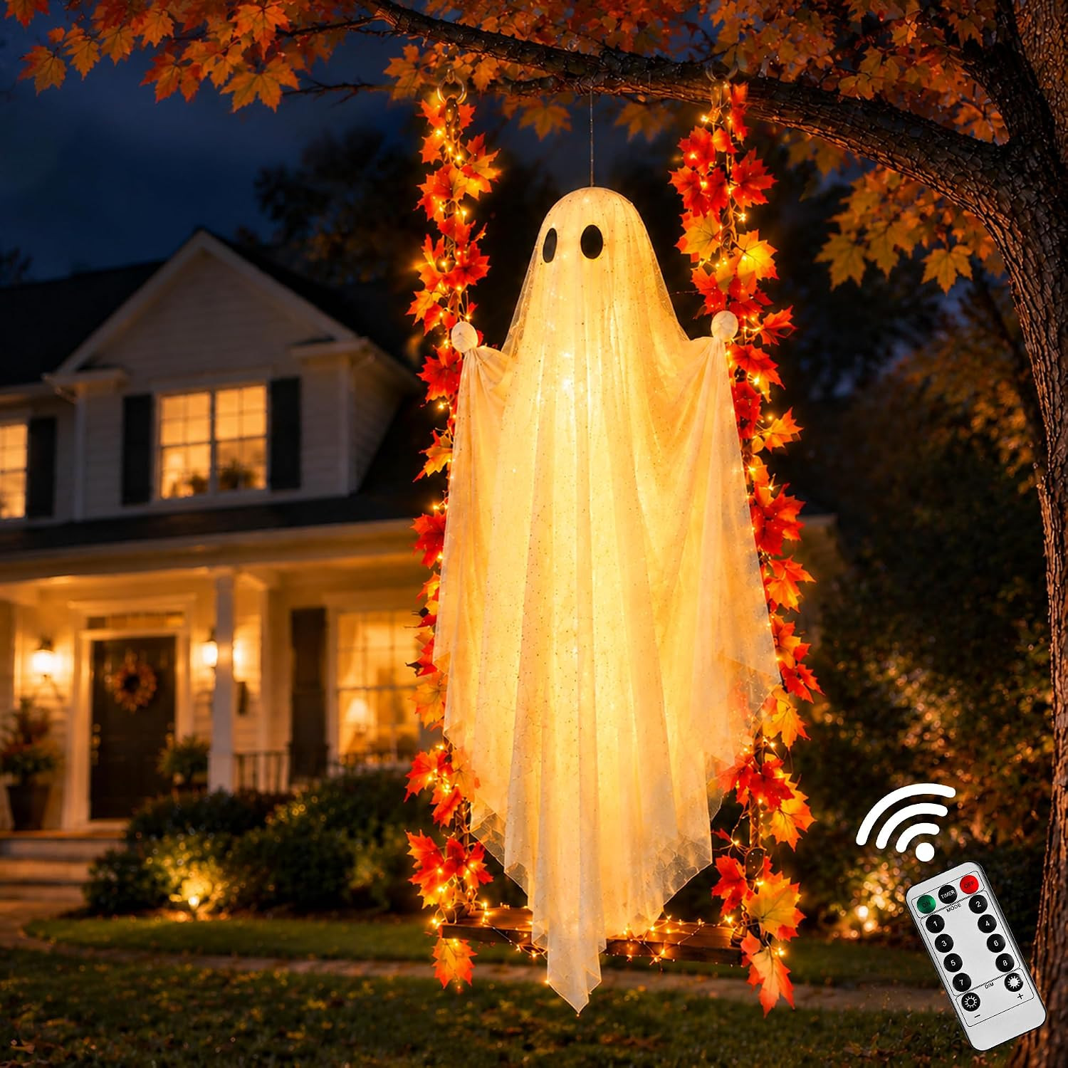 AYGXU Halloween Decorations Outdoor Indoor-5.3ft Hanging Ghost Decor with a Maple Leaf 6.6ft Swing,Ghost Light,Halloween Decor for Tree,Yard,Porch,Garden | Amazon (US)