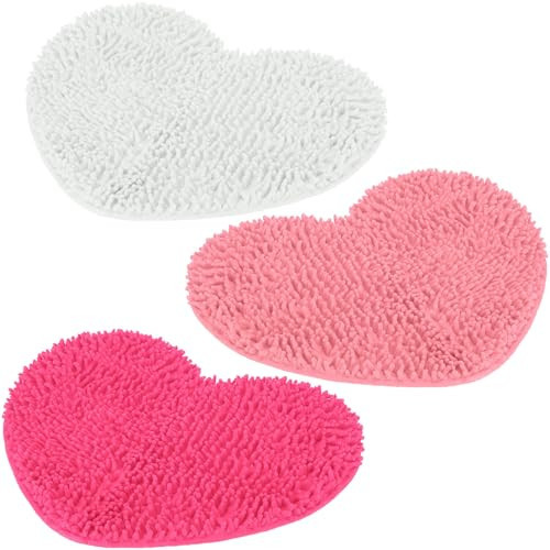 Timgle 3 Pcs Valentines Day Heart Shaped Rugs Galentine Day Love Bath Mats Cute Rugs Non Slip Washable for Home Entrance Bathroom Shower Floor Decor, 20'' x 24'' (Chenille, Pink Rose White) | Amazon (US)