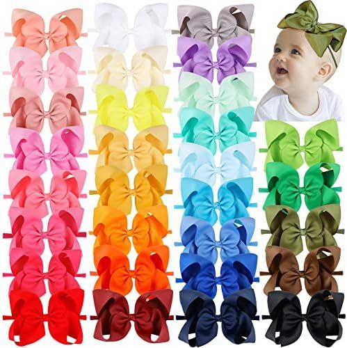 WillingTee 30 Colors 6Inch Baby Girl Headbands Big Grosgrain Ribbon Hair Bows Soft Stretchy Nylon He | Amazon (US)