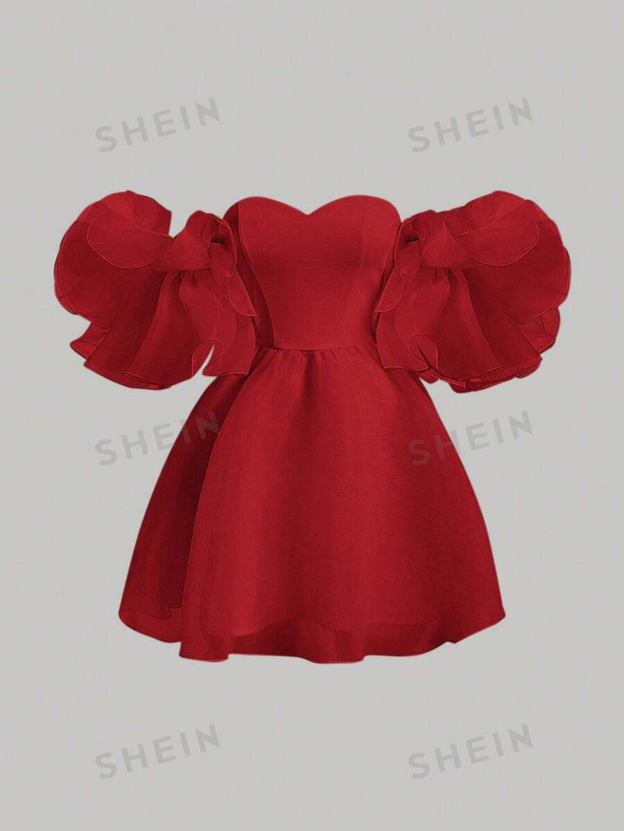 SHEIN MOD Elegant Short Solid Color Off Shoulder Ruffled Sleeved Women Summer Dress | SHEIN