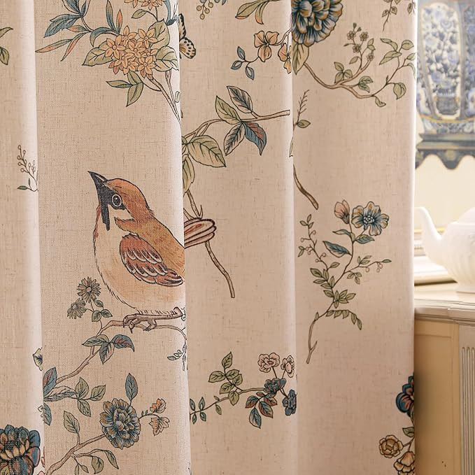 ISAENNE Vintage Beige Linen Curtains with Bird and Flowers Pattern,Western Semi-Blackout Curtain ... | Amazon (US)