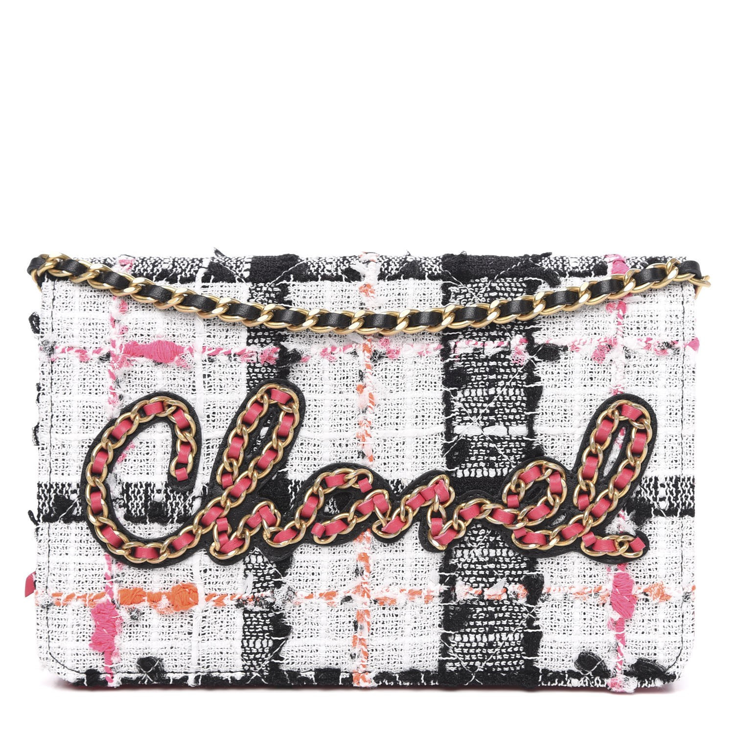 Tweed Calfskin Signe Wallet On Chain WOC Black Pink Orange | Fashionphile
