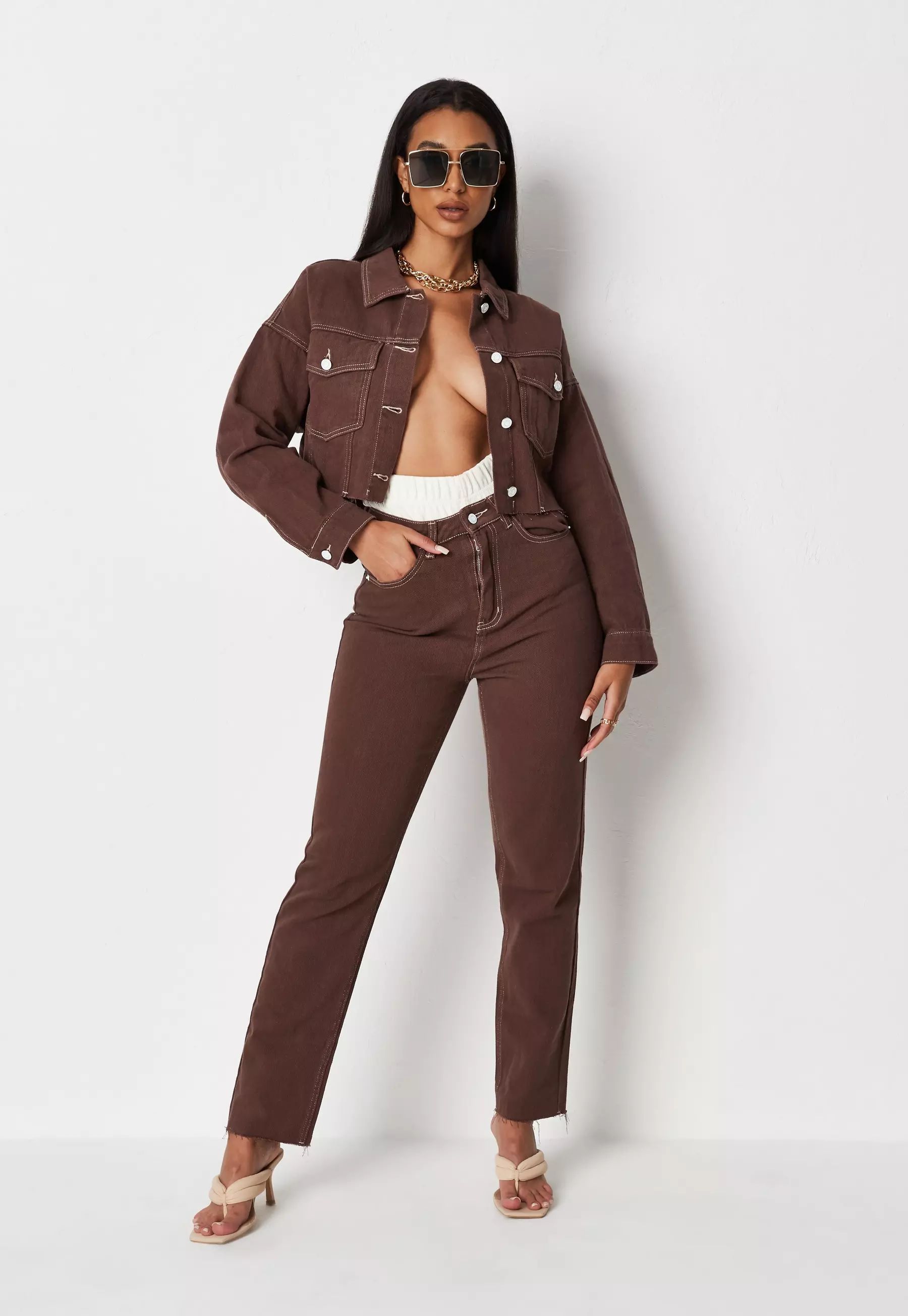 Jordan Lipscombe x Missguided Chocolate Co Ord Contrast Stitch Jeans | Missguided (US & CA)