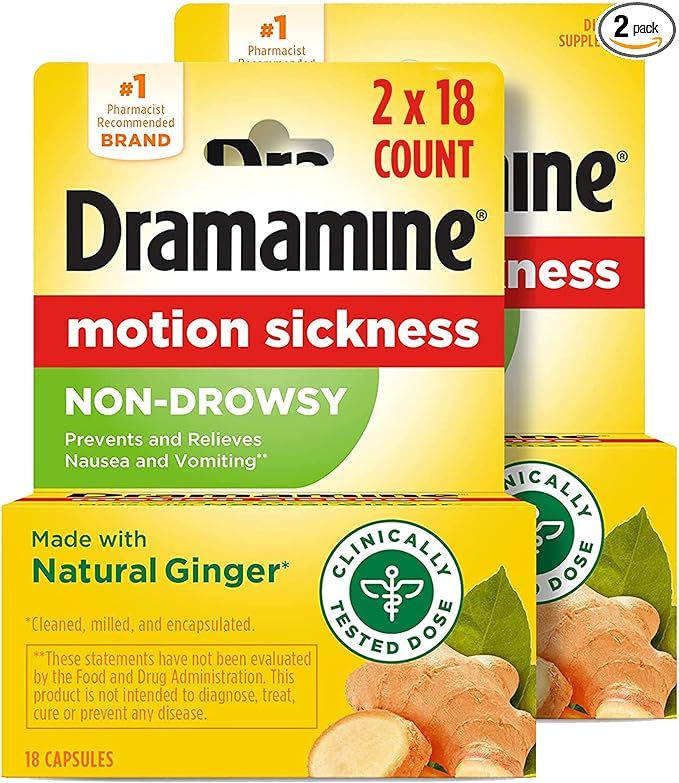 Dramamine Non-Drowsy, Motion Sickness Relief, Made with Natural Ginger, 18 Count, 2 Pack | Amazon (US)