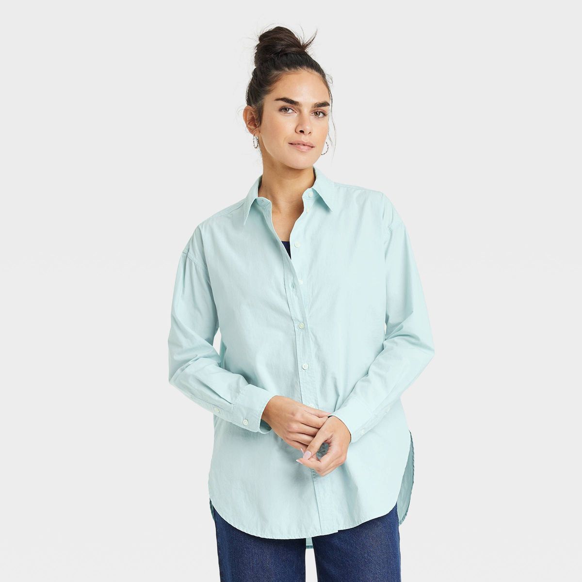 Women's Oversized Long Sleeve Collared Button-Down Shirt - Universal Thread™ Green Striped L | Target