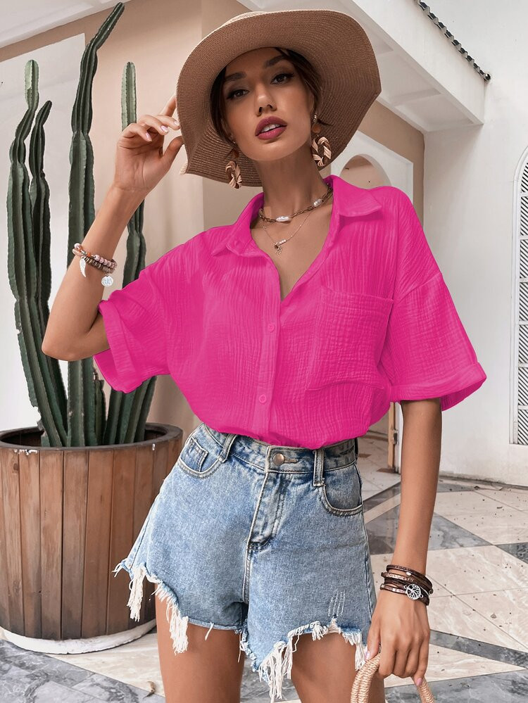 Roll Up Sleeve Pocket Front Textured Knit Shirt | SHEIN
