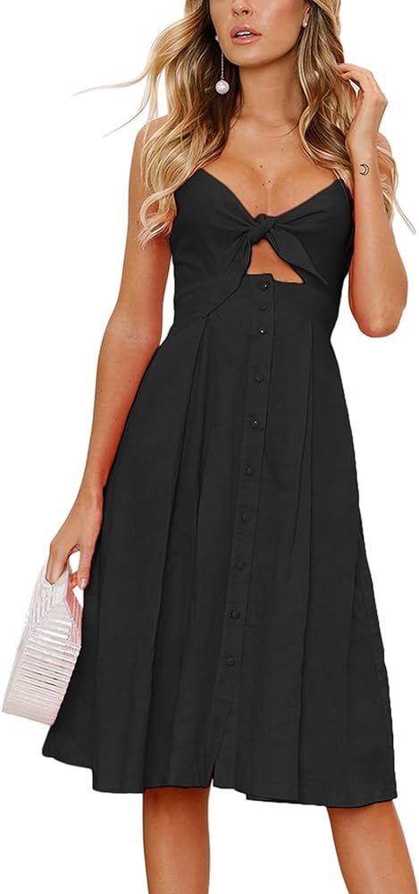 Women Dresses Summer Tie Front V-Neck Spaghetti Strap Button Down A-Line Backless Swing Midi Dres... | Amazon (US)