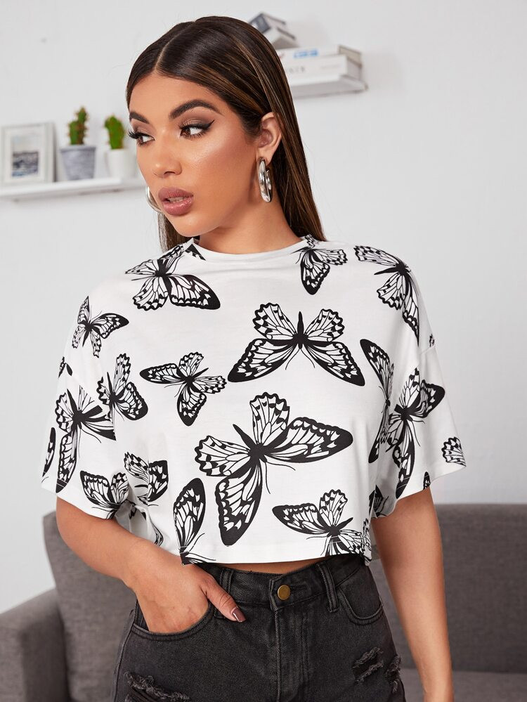 SHEIN Allover Butterfly Print Drop Shoulder Crop Tee | SHEIN
